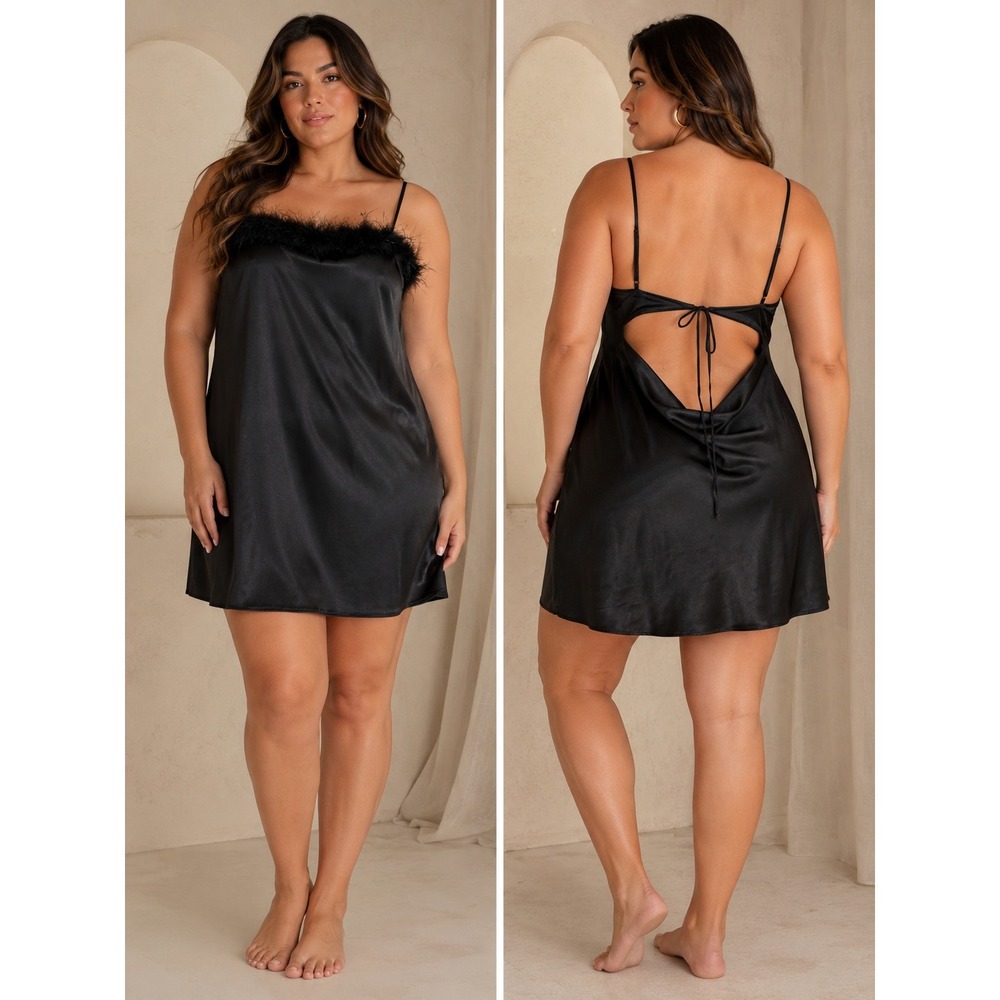 Thirty/Thirty LA Black Satin Feather Trim Mini Dress Open Back‎ Tie XL